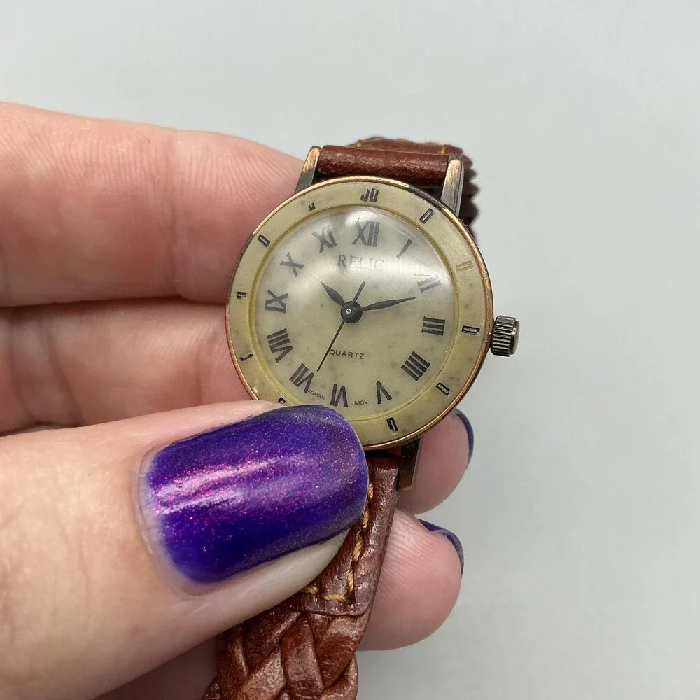 Relic Womens Watch 25mm Gray Dial Gold Tone Brown Braided Leather New Battery